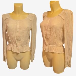 MINE Solid Off White Thin Semi Cropped Long Sleeve Top With Crochet Lace Detail